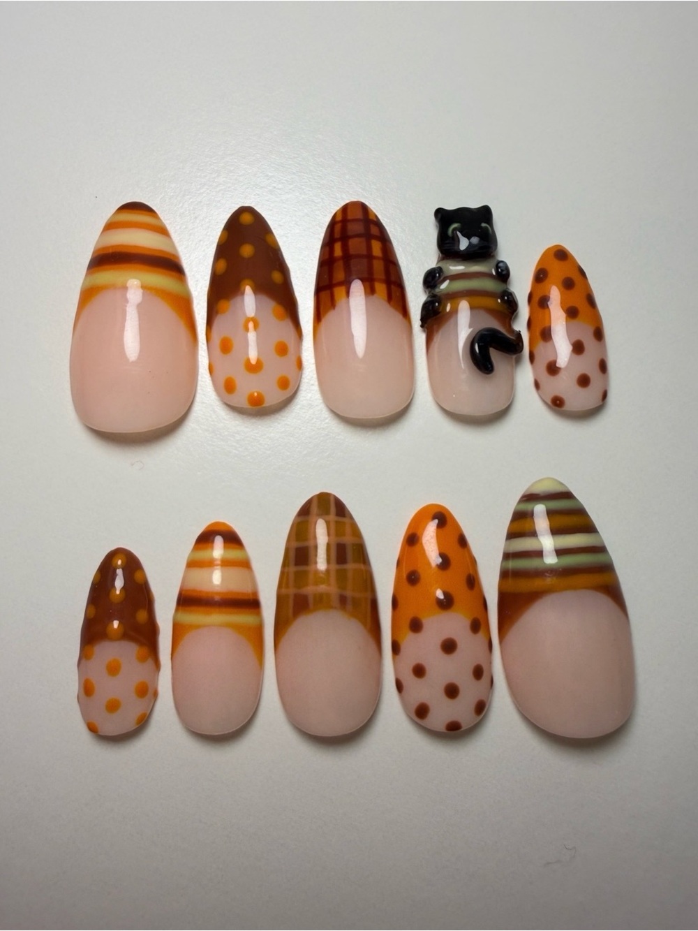 Handpainted Press On Nails Halloween Fall 3D Cat